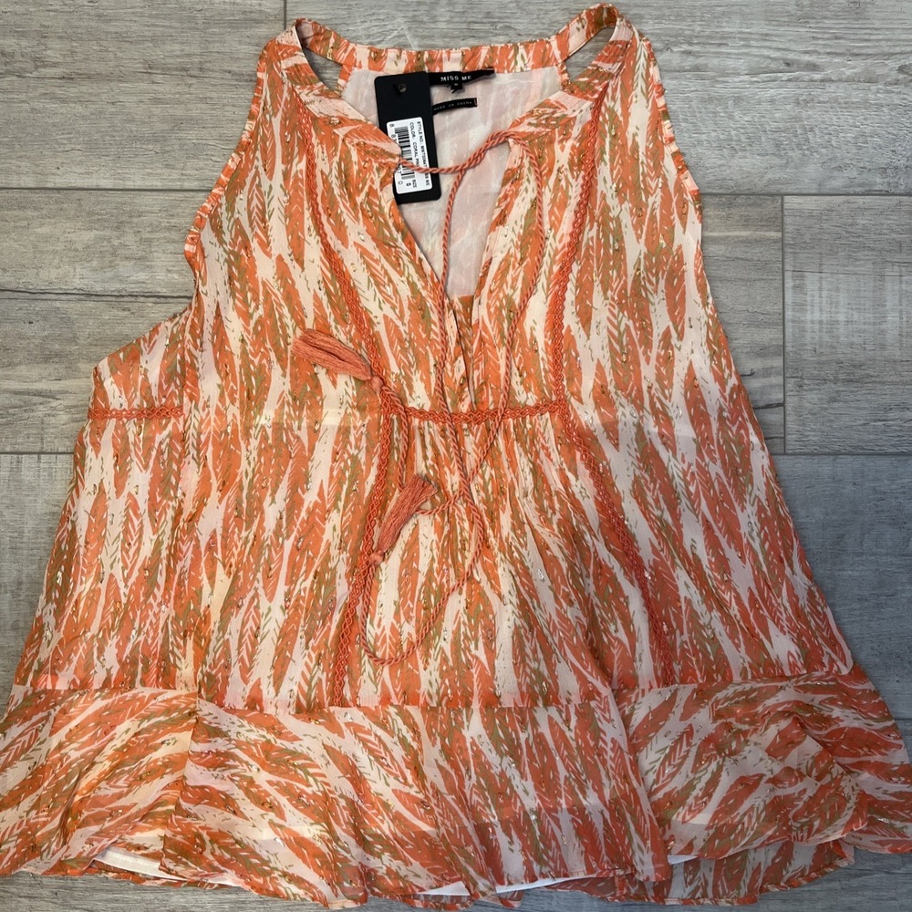 Miss Me – Sizzle and Shine Sheer Feather Sleeveless Tie Front Top –small NWT